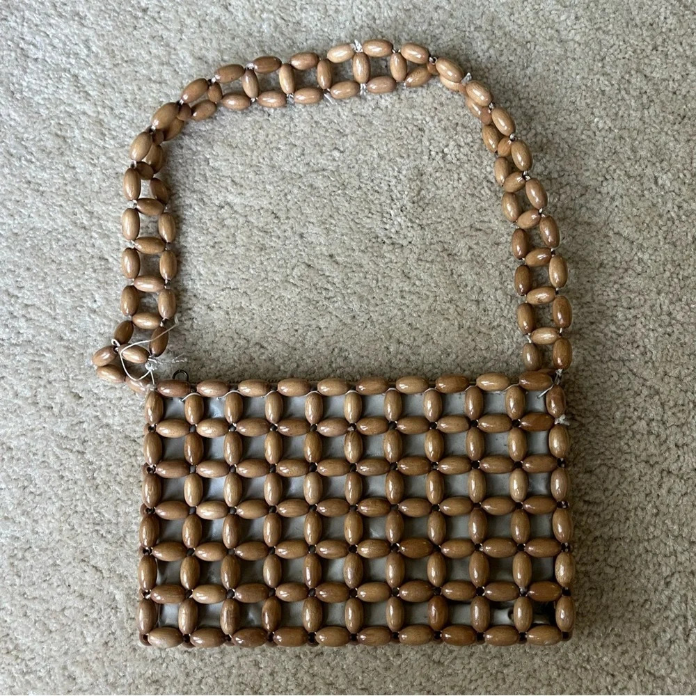 Vintage Small Tan Wooden Bead Japanese Purse - Made In Japan - GUC* (read)